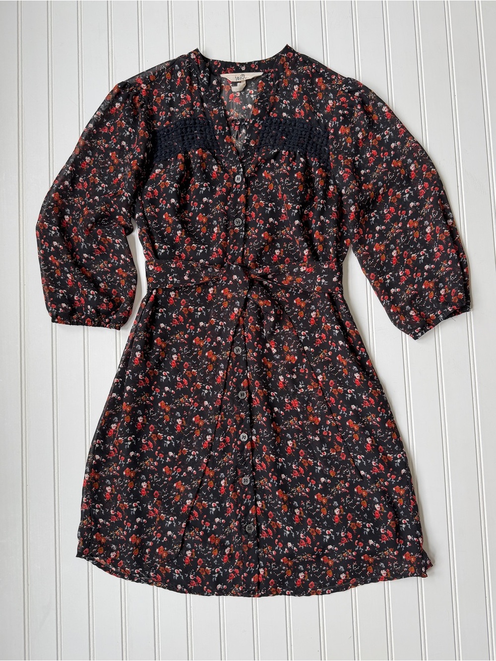 Black Poppy Black Floral Button Down Above Knee Dress W/ Black Slip & Tie Size M